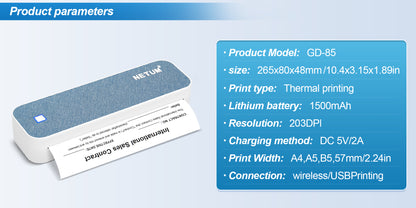 NETUM GD-85 A4 Portable Thermal Printer - Inkless, Bluetooth & Ultra-Portable